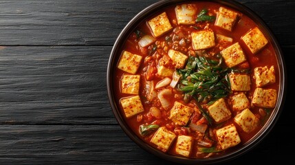 Spicy Tofu Stew in Bowl on Dark Wood