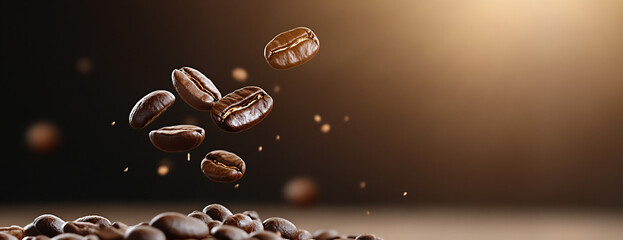 dark background with coffee beans falling through the air.