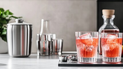 Two cocktails with ice cubes in glasses on tray with barware in background