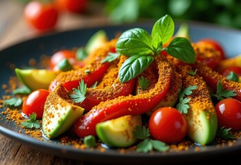 close colorful dish featuring various vibrant fresh lively ingredients culinary presentation, appetizing, aromatic, basil, bowl, chili, cumin, contrast