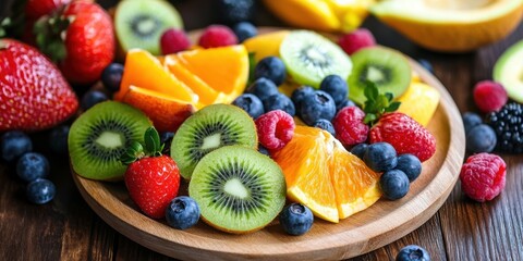 Wild Foods Day Fresh fruit platter with kiwi, berries, and orange slices on wooden tray