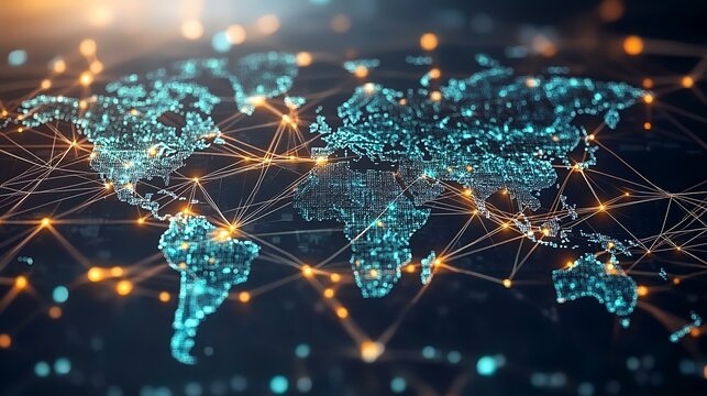 Global Network Connections, abstract world map, technology, communication. Possible use stock photo for global communication, technology, international business