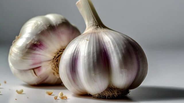Two whole garlic bulbs and several cloves are arranged. Garlic bulbs in a minimalist kitchen setting. Garlic's. 