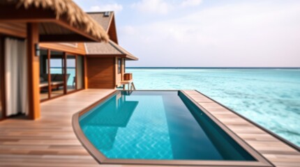 Fototapeta premium Luxury resort with infinity pool blending into the ocean horizon, offering a tropical getaway experience.