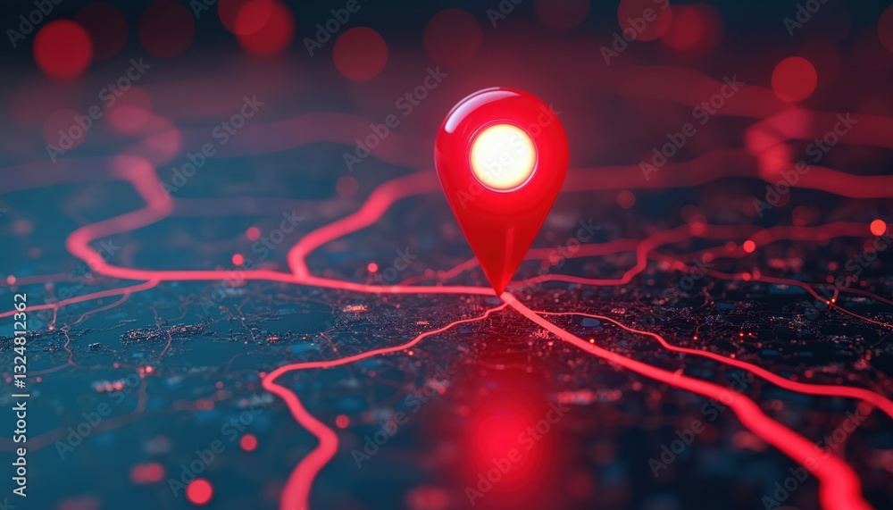 Aufkleber Glowing red location pin on digital map with neon lines. Futuristic tech, global positioning system. Urban navigation interface in cyberspace network. Global communication datum with bright colours