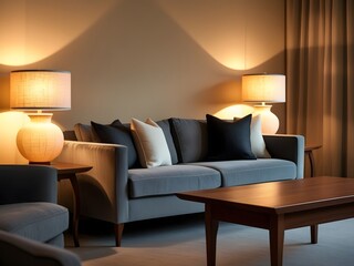A cozy contemporary living room featuring a plush gray sofa with charcoal and cream pillows, a richly grained wooden coffee table, and softly glowing table lamps