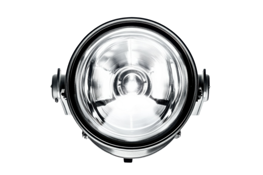 A close-up view of a circular spotlight showcasing its intricate design and luminous capabilities isolated on transparent background