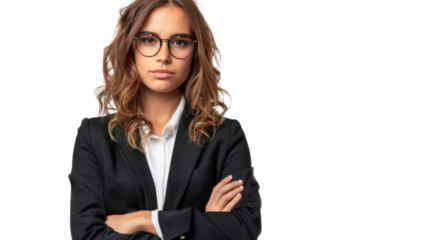 Serious businesswoman crossing arms on transparent background