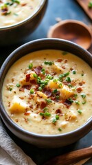 Creamy potato soup with bacon and chives garnish in rustic bowl