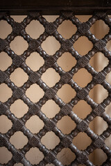 Intricate close-up of an ornamental lattice pattern with detailed carvings in dark metal