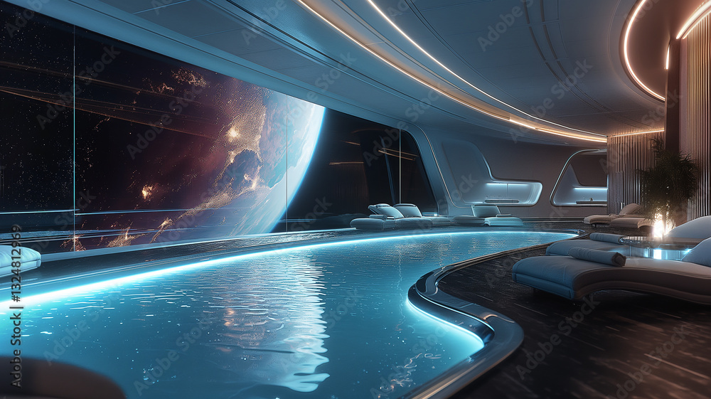 Poster this futuristic hotel features a zero gravity pool and breathtaking views of distant galaxies.