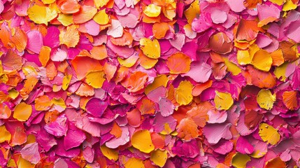 A dazzling array of flower petals in shades of pink, orange, and yellow is displayed, creating a lively and striking visual composition ideal for decoration