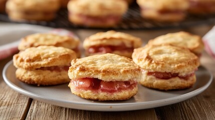 Homemade scones with strawberry jam on a rustic plate