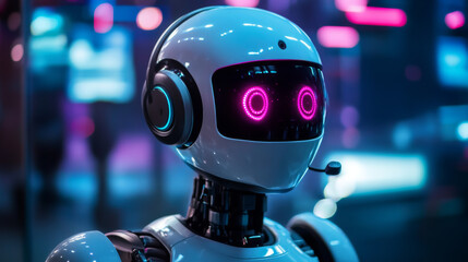 Robot head with headset. Robot receives the call. The Bot talk with customer on phone or chat. Web sait assistant. Automatic call center. Futuristic concept.