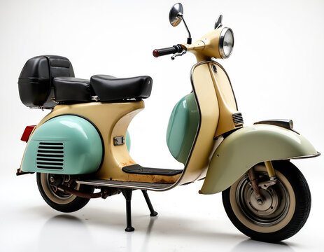 Old scooter of light green color with black seat and box in retro style. Parked italian moped on white background for design template of transportation lifestyle. Classic motorbike vehicle.