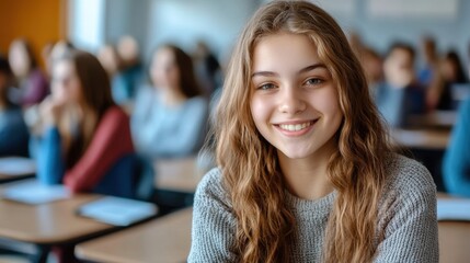 Fototapeta premium Smiling caucasian teen girl in classroom setting