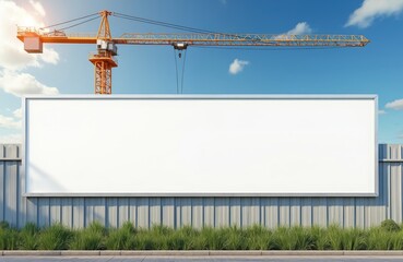 Blank hoarding poster for advertisement. Mockup space on construction site against blue sky. Empty billboard for marketing campaign, commercial message, street advert. Building under construction.
