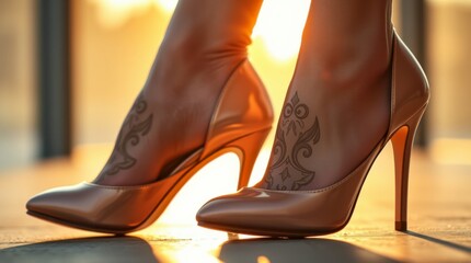 Elegant pumps with decorative tattoo details, standing in the golden sunlight. Fashion statement.