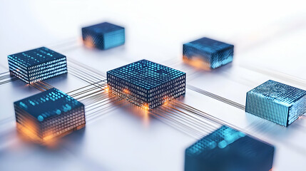 Interconnected Glowing Blue and Orange Cubes With Data Flowing on a White Background in a Futuristic Technology Concept