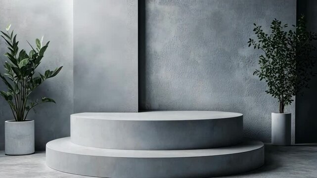 Minimalist concrete platform with indoor plant in modern industrial design