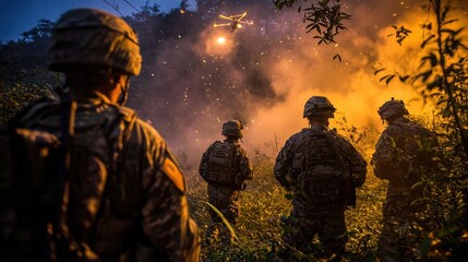 Fototapeta premium Soldiers stand in a grassy area, observing a helicopter flying overhead. Smoke and lights fill the air, highlighting a moment during a nighttime military operation