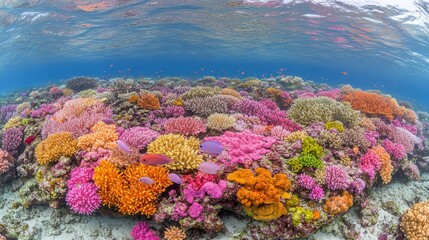Naklejka premium Vibrant underwater coral reef with colorful marine life and clear blue water