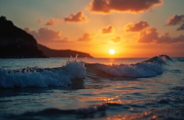 Obraz premium Low angle shot of sea wave breaks at sunrise in gold, blue colors. Water surface reflects sun rays. Serene morning sea scenery with gold sun, clouds, nature beauty.