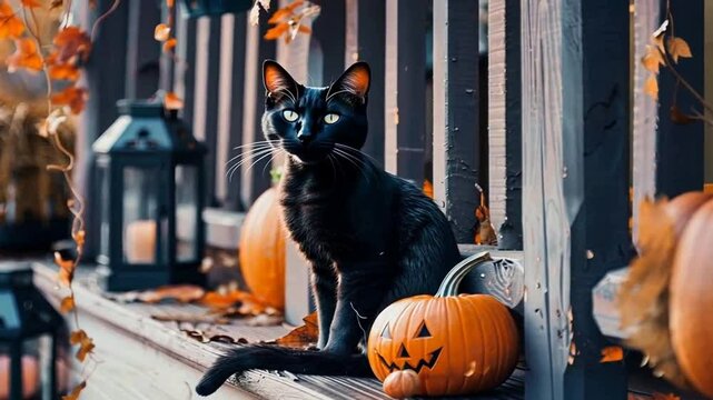 Schwarze Katze sitzt zwischen K&uuml;rbissen