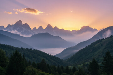 Obraz premium A mountain range with a forest in the foreground and a cloudy sky in the background, with a sunset in the distance