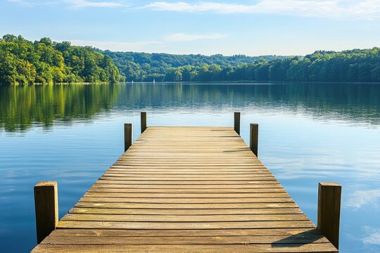 Tranquil lake dock on a beautiful sunny day.  Serene water reflects the surrounding green forest