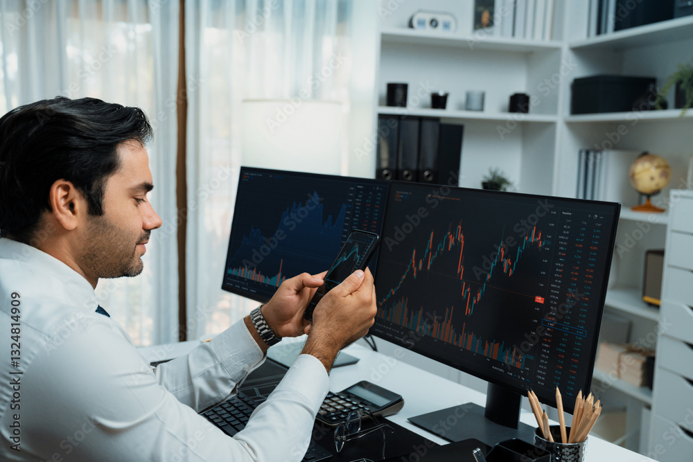 Poster trader businessman searching on smartphone, analyzing in dynamic stock exchange investment screen on