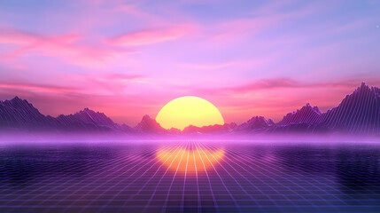 Retro Synthwave Sunset Landscape With Glowing Grid And Pixelated Mountains Reflecting In Digital Lake