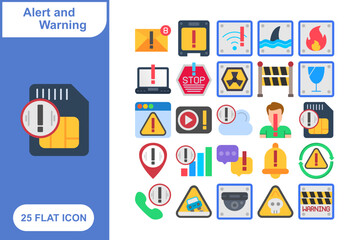 Alert and Warning Notification Flat Icons Set, Collection of 25 Alert and Warning Notification Flat Icons Set - 25 Vector Icons for Warning, Alerts, Messages, Emergency, and System Notifications
