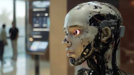 Fototapeta premium AI. Artificial intelligence. Head robot hanging over podium and look at virtual dashboard. Supercomputer in image futuristic cyborg head. Machine learning technology, neural networks.