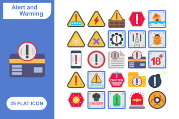 Obraz premium Alert and Warning Notification Flat Icons Set, Collection of 25 Alert and Warning Notification Flat Icons Set - 25 Vector Icons for Warning, Alerts, Messages, Emergency, and System Notifications