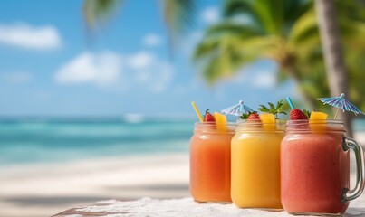 Colorful Fruit Smoothies on Tropical Beach