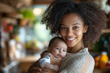 Fototapeta premium Smiling mother holding her newborn baby, enjoying a tender moment of motherhood in the comfort of their home