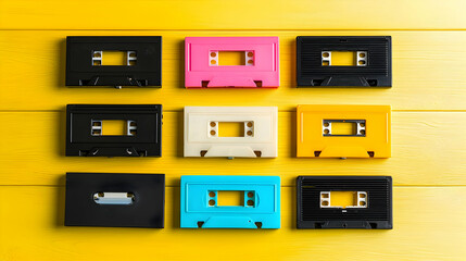 Arrangement Of Colorful Cassette Tapes On Bright Yellow Wooden Surface In Square Composition