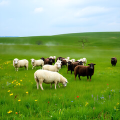 Fototapeta premium A serene landscape where sheep are calmly grazing in a vibrant, green meadow, showcasing the essential role they play in maintaining healthy agricultural land.