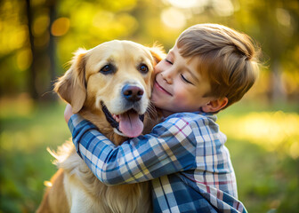 smiling boy hugs dog in the park 