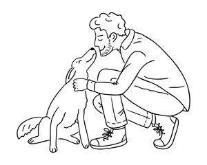 Black and white line drawing of a man kneeling and affectionately petting a dog, symbolizing companionship, friendship, and the bond between humans and pets