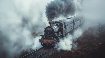 A classic steam train chugs along a rural track, surrounded by billowing fog on a cool morning. The vintage design evokes nostalgia as smoke rises from the engine