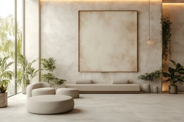 Modern beige living room with large blank canvas, plants, and seating area. Ideal for interior design inspiration, or showcasing art