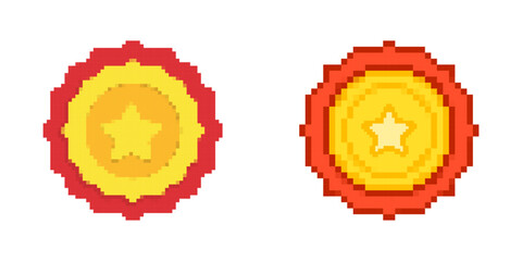 Pixel Star Medal Pixelated Icon Set. Pixel Art Symbol Collection Of Award Medals With Star Center. Isolated Vector Illustration