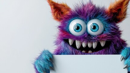 Fototapeta premium A colorful furry monster character with bright blue eyes and vibrant purple and blue fur is happily holding a blank sign. This playful figure is perfect for kids' events or imaginative contexts