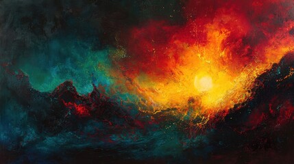 A stunning blend of fiery reds, oranges, and deep blues showcases a dramatic sunset illuminating abstract hills, creating a sense of movement and emotion in the artwork