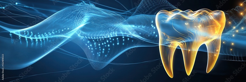 Poster dynamic abstract background with glowing golden waves symbolizing dental implant healing and strengt