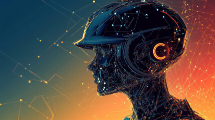 Abstract ballplayer with cybernetic particles. Polygonal digital background. Point and curve constructed theballplayer silhouette wireframe. 