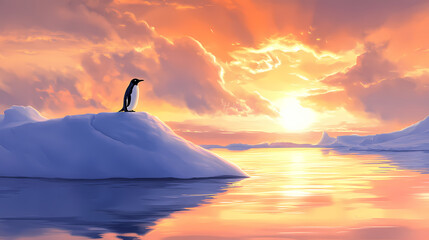 A solitary penguin stands on a glacial iceberg, bathed in the radiant glow of the arctic sun, a breathtaking panorama of icy waters and a dramatic sky. Glacial Glow. Illustration