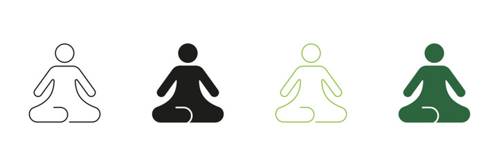 Meditation and Yoga Line and Silhouette Icon. Human Figure in Seated Position, Representing Mindfulness, Relaxation and Wellness. Stress Relief Outline and Solid Icon. Isolated Vector Illustration